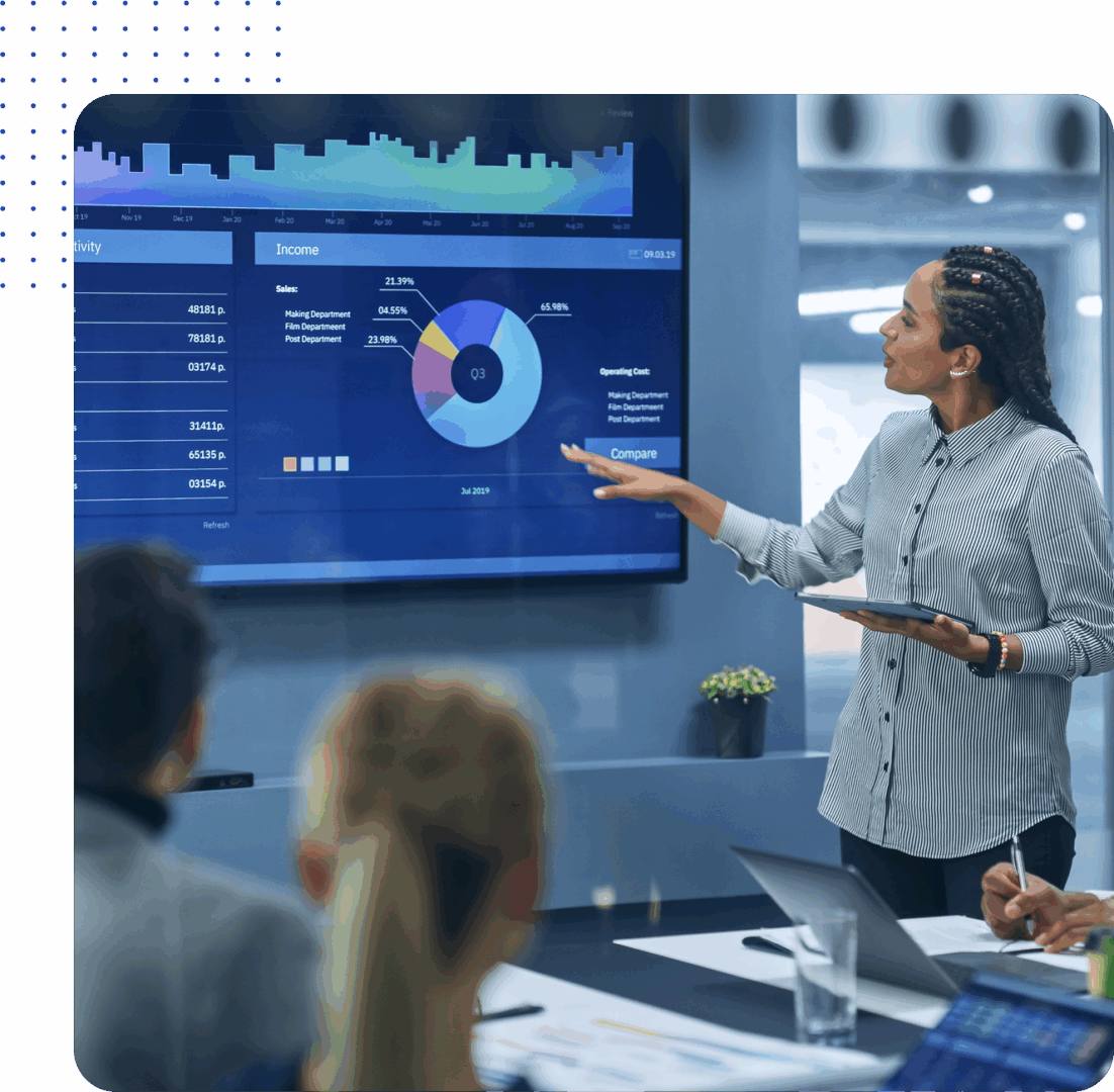 Person presenting data on a screen.