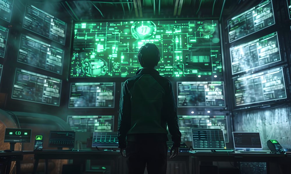 Person in cyberpunk control room with screens.