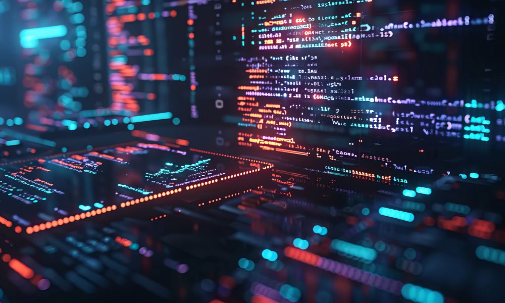 Colorful digital code on computer screen background.